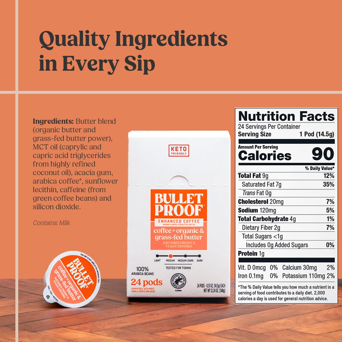 Bulletproof Coffee + Organic Grass-Fed Butter Single-Serve Pods, Keto Coffee, All-in-One Recipe with MCT Oil and Butter, 24 Count