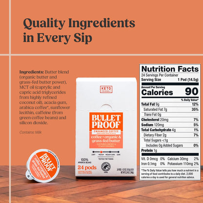 Bulletproof Coffee + Organic Grass-Fed Butter Single-Serve Pods, Keto Coffee, All-in-One Recipe with MCT Oil and Butter, 24 Count