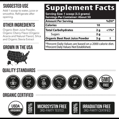 BioBeet® Max Strength Beet Root Juice Powder – 20:1 Concentrate, Each Serving Derived from 60,000 mg Organic Beetroot - Cold-Pressed, USA Grown – Nitric Oxide, Circulation Support – 50 Servings