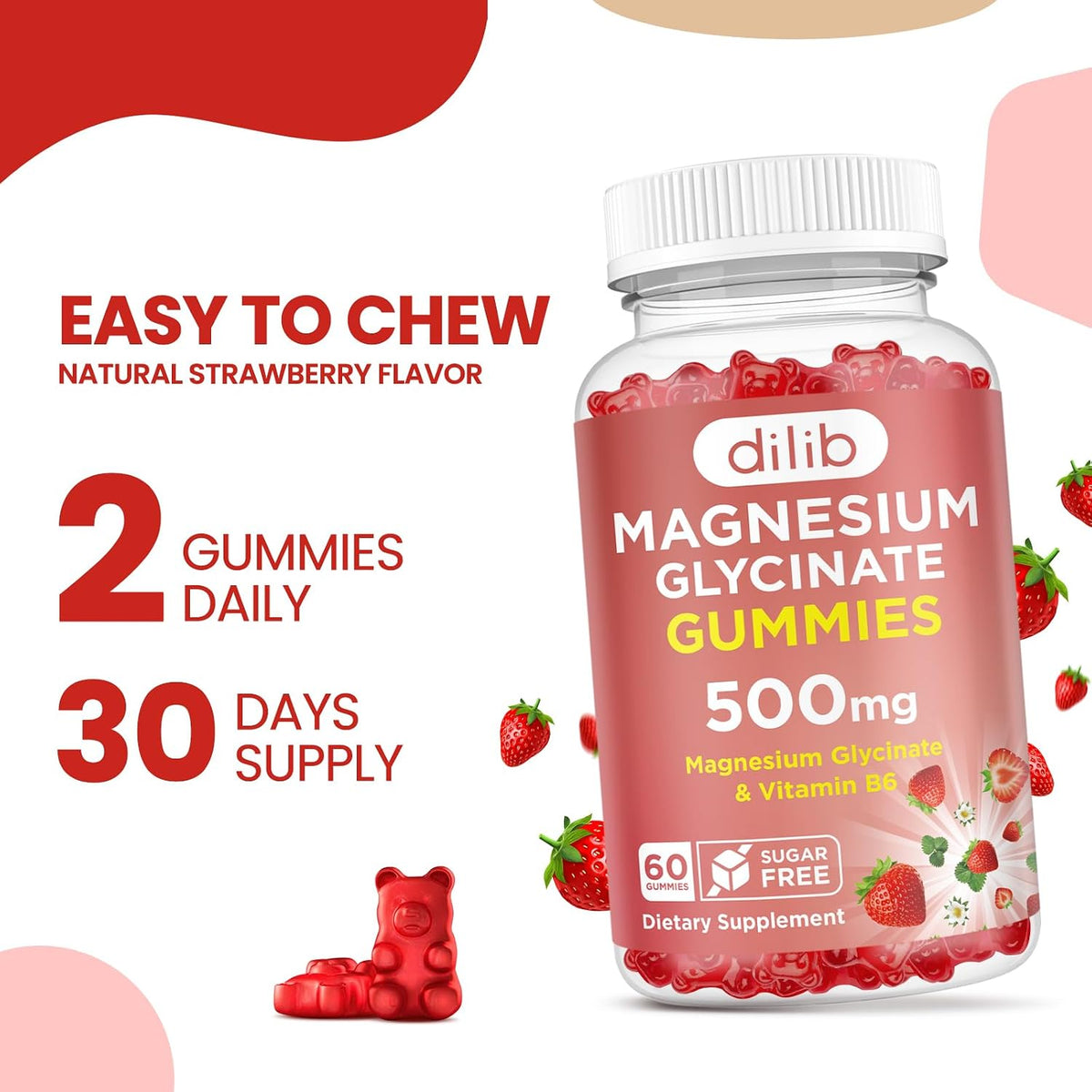 Magnesium Glycinate Gummies 500mg - Magnesium Supplement with Vitamin B6 for Adults & Magnesium for Kids - Calm Magnesium for Sleep, Mood, Muscle Support - Strawberry Flavor, 60 Gummies