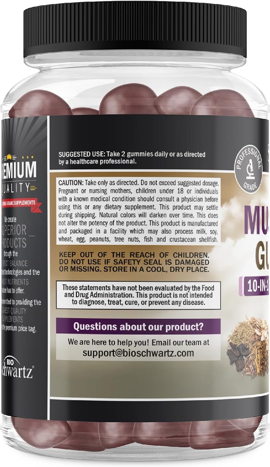 Mushroom Gummies for Adults - 10-in-1 Functional Mushroom Supplement for Mood and Focus with Lions Mane Turkey Tail Cordyceps Shiitake Reishi - Vegan, Non-GMO, Fresh Raspberry Flavor, 60 Count