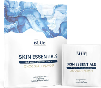 Renue Blue Skin Essentials Chocolate Drink Mix | Collagen Peptides Creatine & Protein Powder | Collagen (12g) Creatine (5g) Protein (15g) per Serving | Skin Hydration & Elasticity Support | 15 Sachets