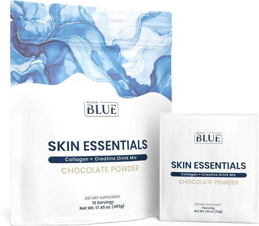 Renue Blue Skin Essentials Chocolate Drink Mix | Collagen Peptides Creatine & Protein Powder | Collagen (12g) Creatine (5g) Protein (15g) per Serving | Skin Hydration & Elasticity Support | 15 Sachets