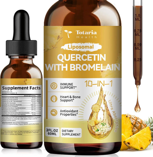 Totaria Liposomal Quercetin with Bromelain Liquid Drops - High Absorption Quercetin 1000mg & Bromelain 500mg Plus Elderberry,Vitamin C,Zinc for Immune & Antioxidant & Heart & Bone Support- 2 Fl Oz