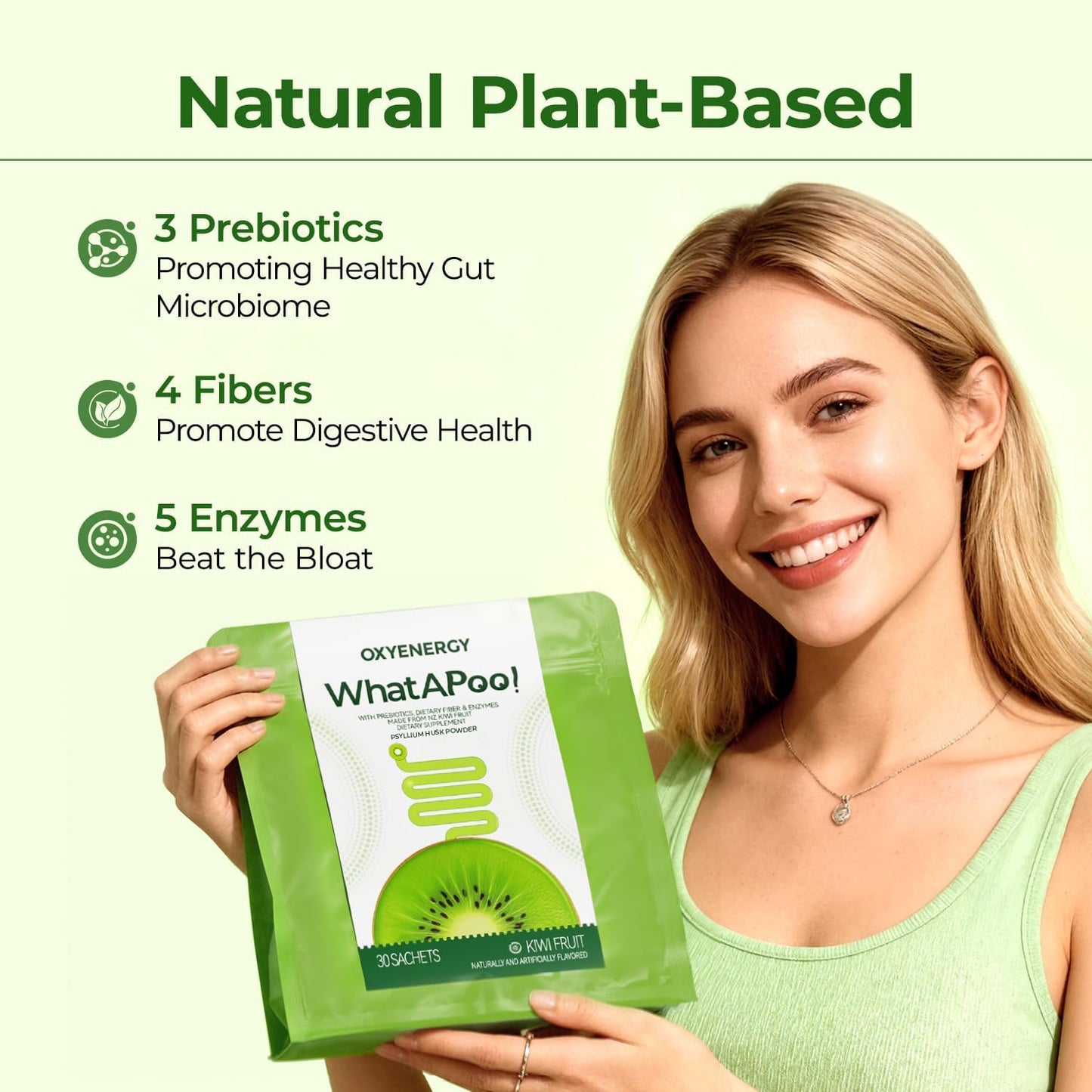 OxyEnergy Psyllium Husk Powder Organic Fiber Powder Supplement for Women & Men, Gut Health Kiwi Powder Flavored Daily Soluble Bloating Relief & Digestive, Vegan, Gluten-Free, Non-GMO, 30 Packets