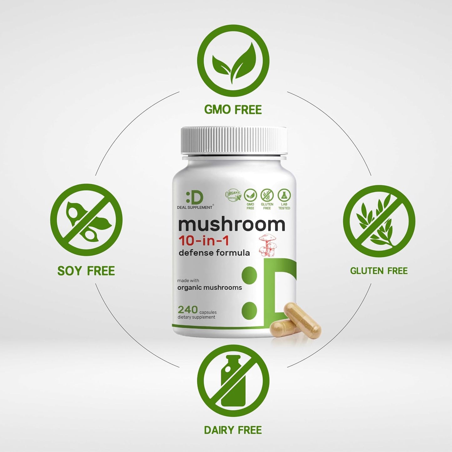 Organic 10-in-1 Mushroom Supplement, 240 Capsules – Lions Mane, Turkey Tail, Reishi, Cordyceps & More Mushroom Complex – Immune, Energy & Nootropic Brain Support – Non-GMO