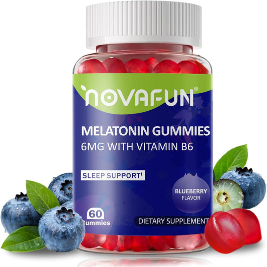 Melatonin Gummies 6mg, with Vitamin B6, Blueberry Flavor Chewable for Adult, Vegetarian & Gluten-Free, 60 Count
