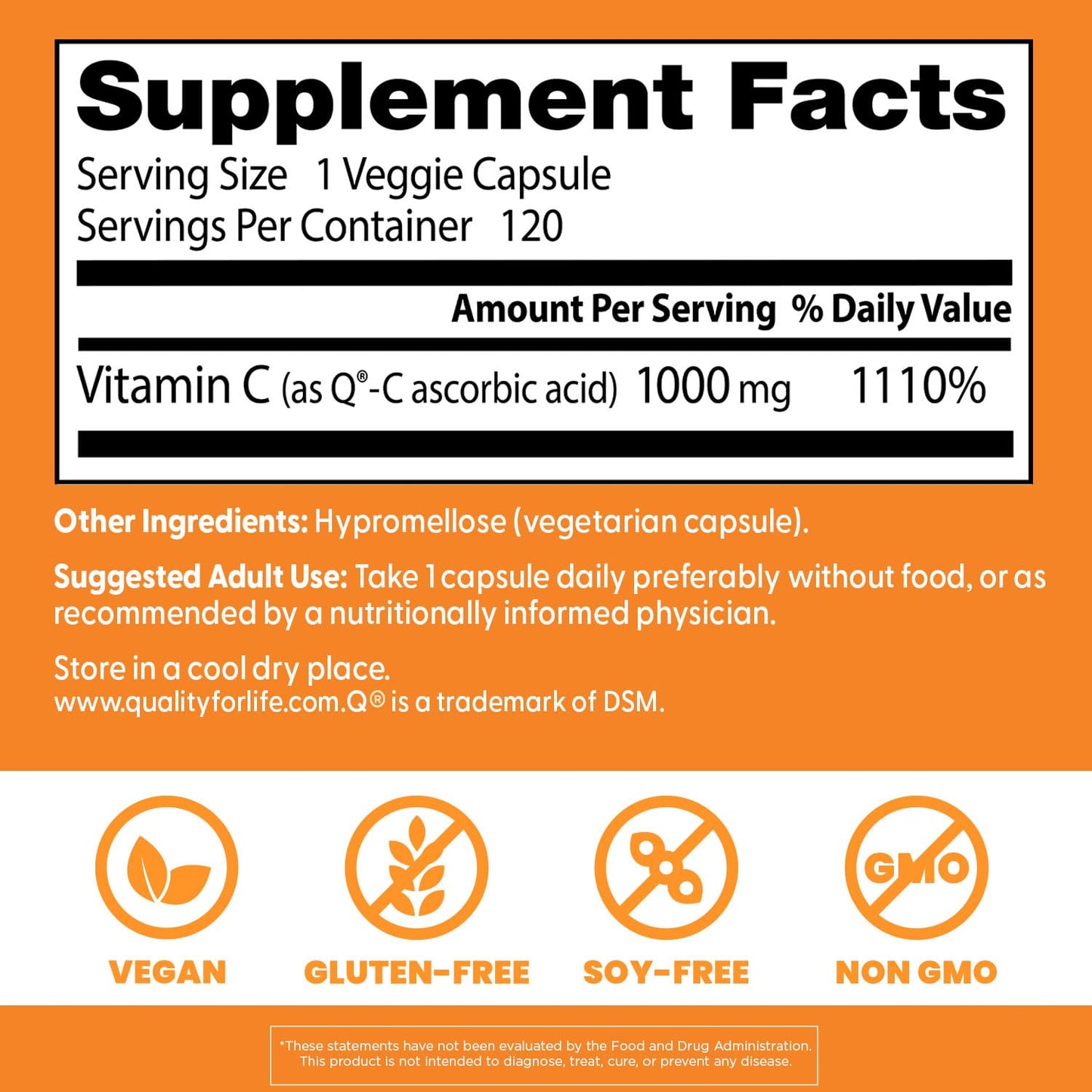 Doctor's Best Vitamin C 1000mg Supplement for Men & Women - Vegan Vitamin C Capsules as Q-C Ascorbic Acid, Immune Health Support for Adults, Non GMO, Gluten Free, Soy Free - 120 Veg Caps
