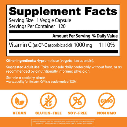 Doctor's Best Vitamin C 1000mg Supplement for Men & Women - Vegan Vitamin C Capsules as Q-C Ascorbic Acid, Immune Health Support for Adults, Non GMO, Gluten Free, Soy Free - 120 Veg Caps