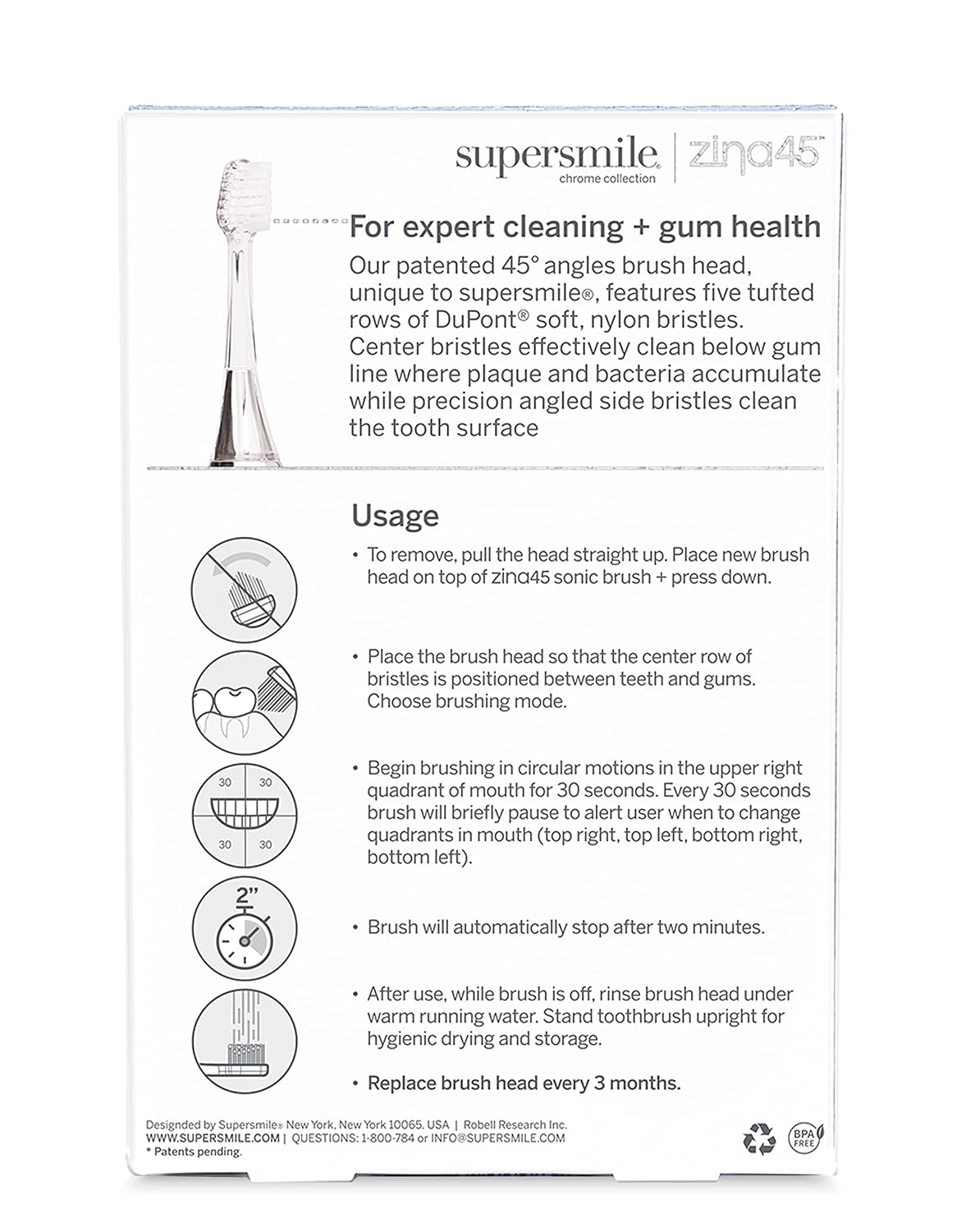 Supersmile Zina45 Replacement Brush Heads, Silver, 2-Pack