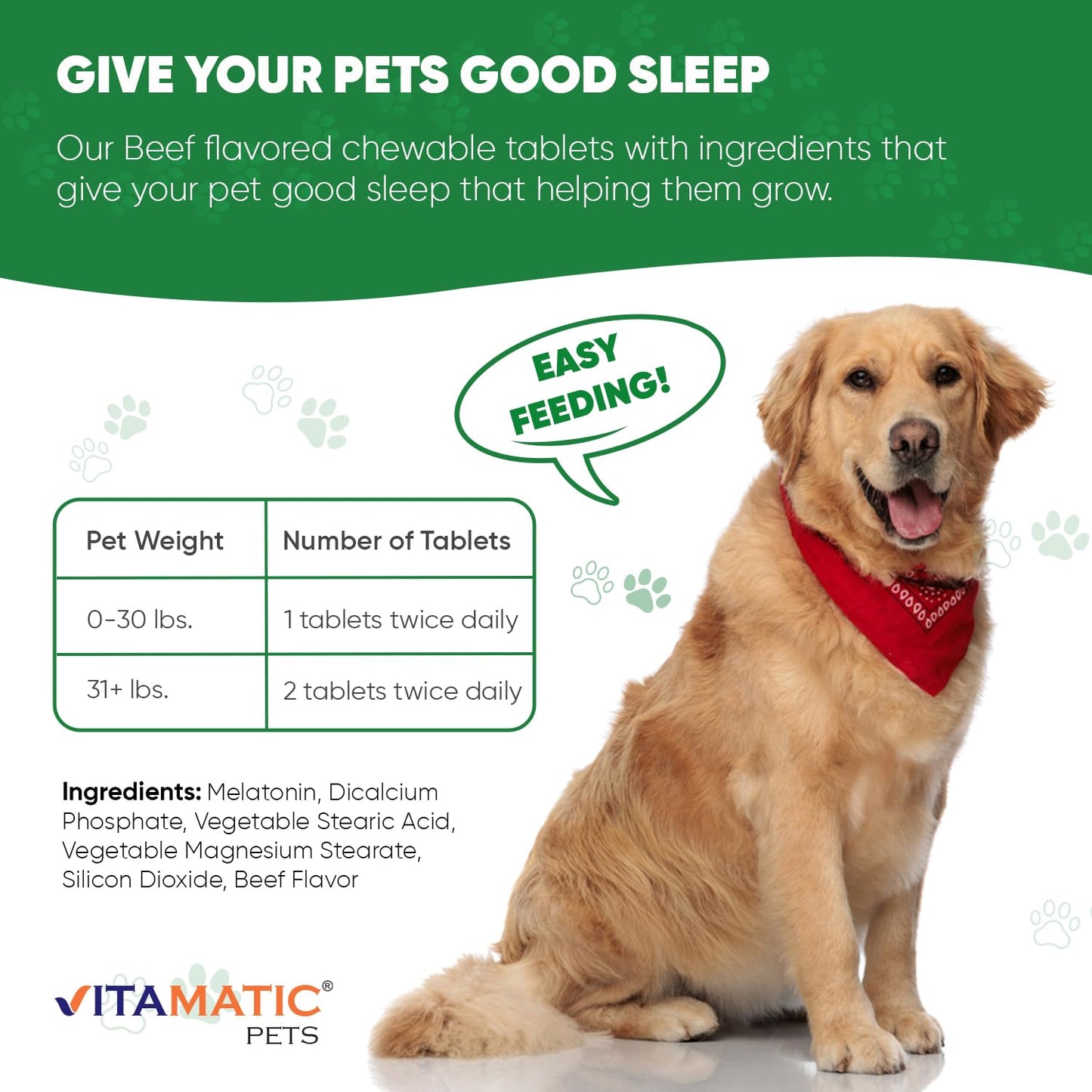 Vitamatic Pets Melatonin 6 mg Chewable Tablets for Dogs, 120 Count | Sleep Health Support*, Beef Flavored Tablet, Non-GMO, Gluten Free, Made in USA