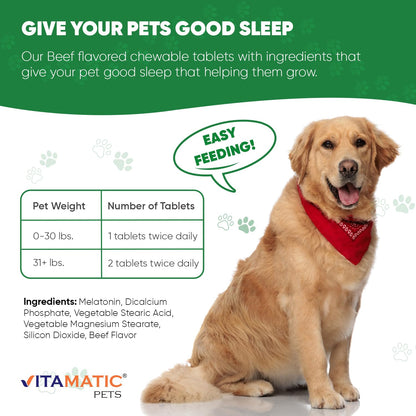 Vitamatic Pets Melatonin 6 mg Chewable Tablets for Dogs, 120 Count | Sleep Health Support*, Beef Flavored Tablet, Non-GMO, Gluten Free, Made in USA