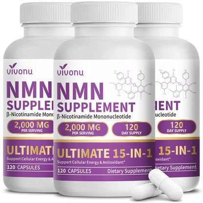 15-in-1 Liposomal NMN Supplement, 2000mg per* Serving*, 120 Day Supply, 99% Pure, NAD+ NMNH Alternative with Nicotinamide Mononucleotide, Resveratrol, TMG, CoQ10, Quercetin & Glutathione, 120 Capsules