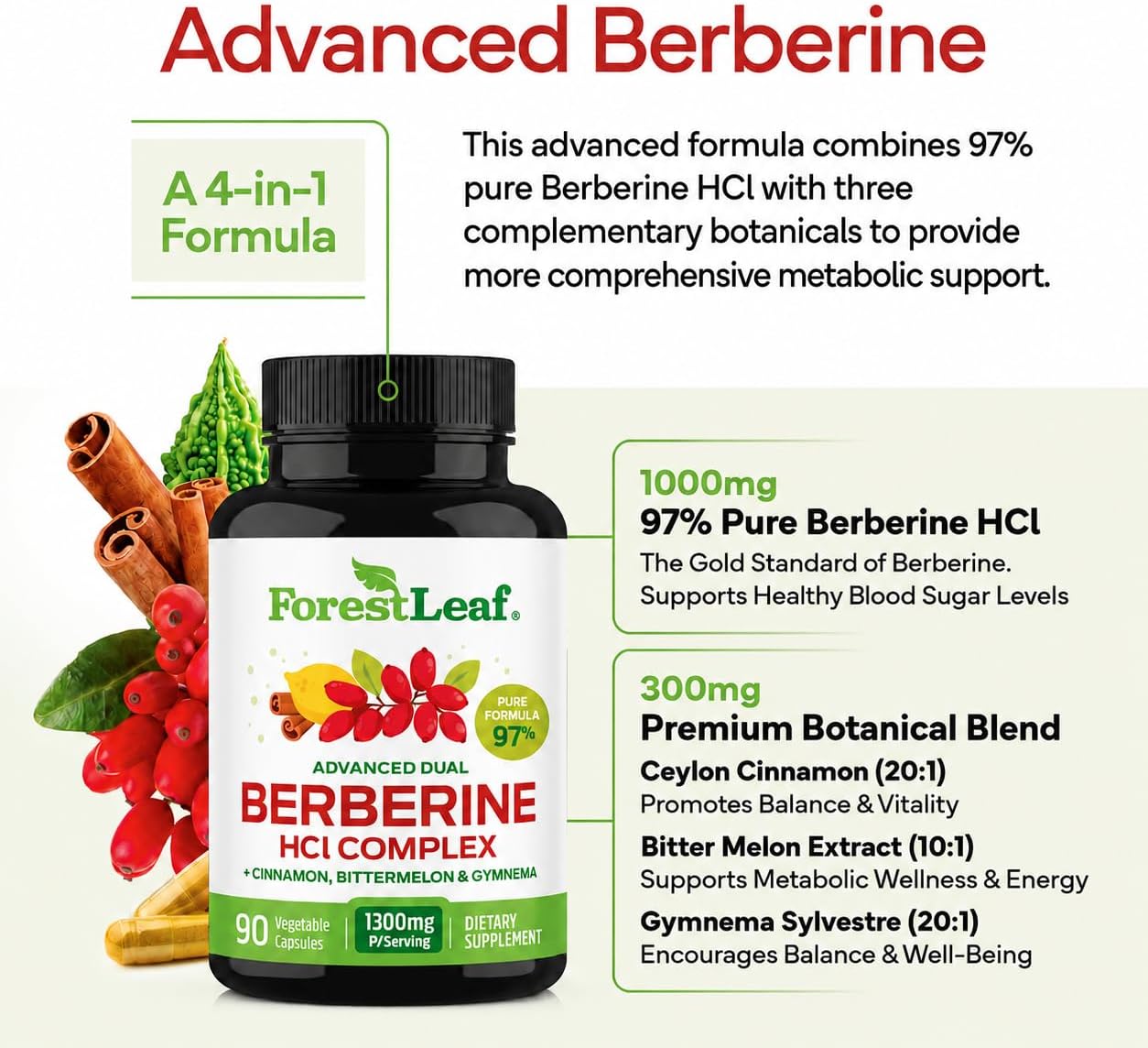 ForestLeaf Berberine Supplement - 1300mg per Serving - Ultra High Potency Berberine HCl with Ceylon Cinnamon, Bitter Melon & Gymnema - GLP-1 Weight Management Support - 90 Caps