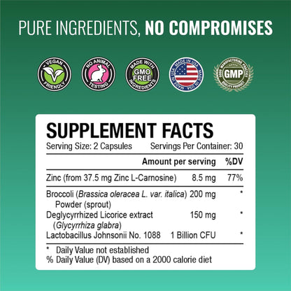 Approved Science Pyloriprin - Advanced Digestive Support for A Healthy Stomach - Zinc L-Carnosine, Probiotic, Broccoli Sprout, Deglycyrrhized Licorice - 60 Capsules - One Month Supply - Vegan