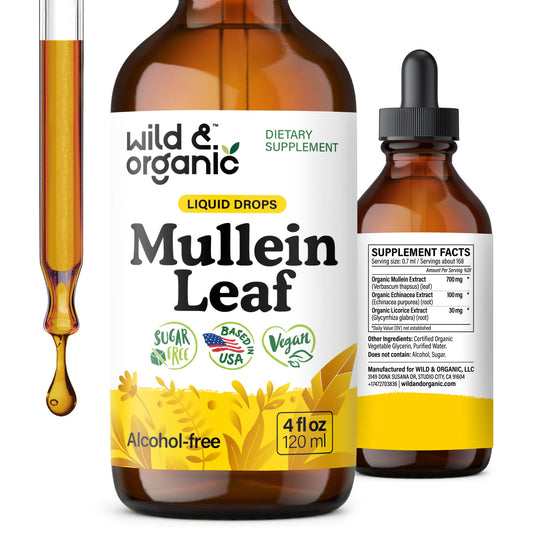 Wild & Organic Mullein Drops for Lungs - Cleanse and Detox - Liquid Mullein Leaf Extract for Lungs with Echinacea - Add to Tea - Verbascum Thapsus Tincture - Sugar & Alcohol-Free Supplement - 4 fl oz