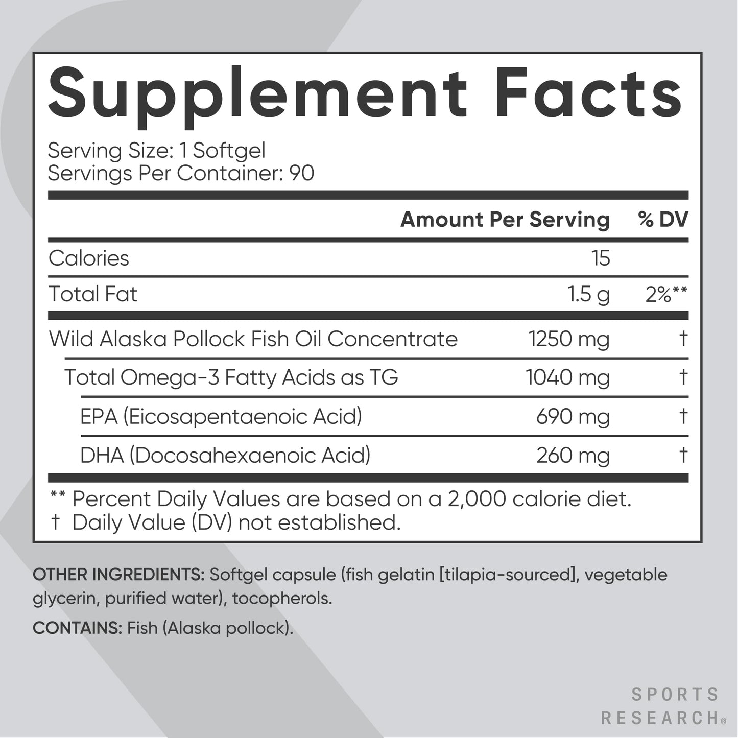 Sports Research® Omega-3 Fish Oil 1250 - Triple Strength Fish Oil Supplement from Wild Alaska Pollock - MSC Certified Sustainable · Non-GMO · Soy Free - 90 Softgel Capsules