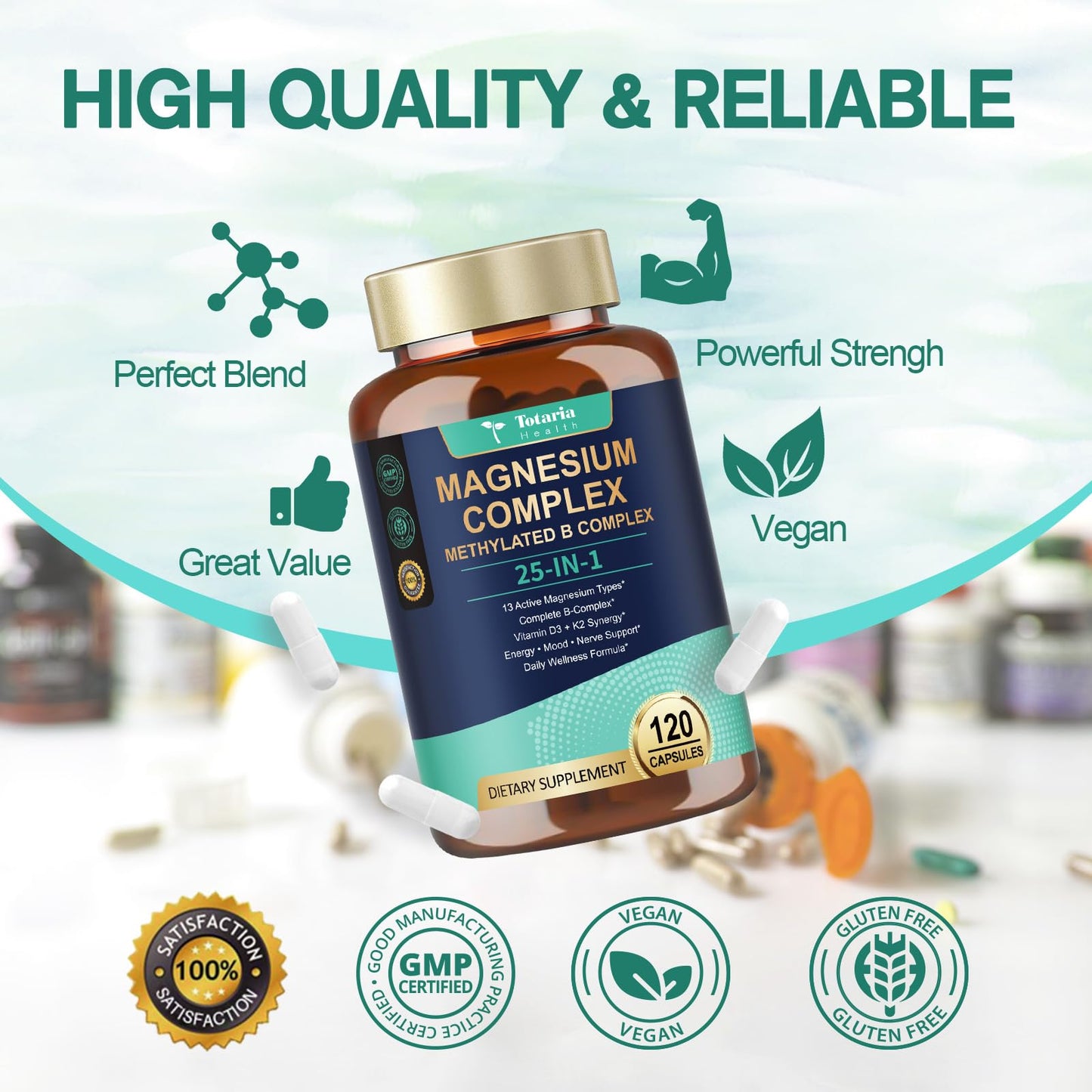25-in-1 Magnesium Complex with Methylated B Complex Magnesium Glycinate Citrate Malate Taurate Gluconate Aspartate Carbonate D3 K2, Magnesium Supplement for Relaxation Energy & Nerve, 120 Vegan Caps
