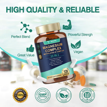 25-in-1 Magnesium Complex with Methylated B Complex Magnesium Glycinate Citrate Malate Taurate Gluconate Aspartate Carbonate D3 K2, Magnesium Supplement for Relaxation Energy & Nerve, 120 Vegan Caps