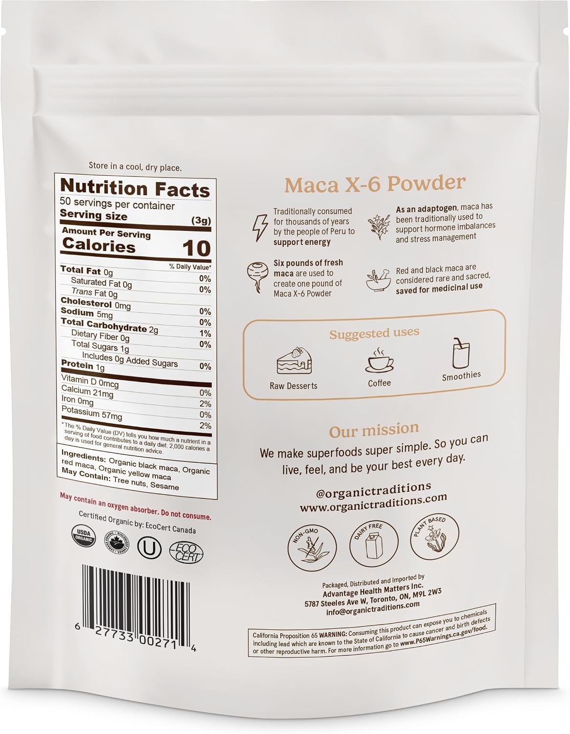 Organic Traditions Maca X 6 Powder, Maca Root Black Red and Yellow, Traditionally Used in Peru for Vitality and Daily Energy, Concentrated Superfood for Daily Wellnes for Men and Women, 150g / 5.3oz