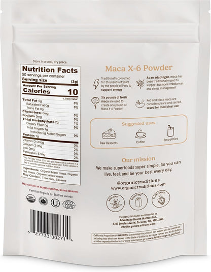 Organic Traditions Maca X 6 Powder, Maca Root Black Red and Yellow, Traditionally Used in Peru for Vitality and Daily Energy, Concentrated Superfood for Daily Wellnes for Men and Women, 150g / 5.3oz