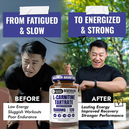 Benevolent L Carnitine Supplement - High Potency 1500mg L-Carnitine Tartrate - Fast Absorbing, Convert Fat to Energy, Support Lean Muscle, Boost Workout Performance & Metabolism – 120 Vegan Capsules