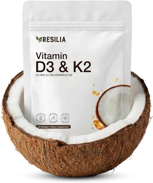 Resilia D3 K2 Vitamin 10000 IU + MK-7 200 mcg – High Potency Softgels with Coconut Oil for Maximum Absorption – Supports Bone Strength, Heart Health & Immune System – (30 Count)