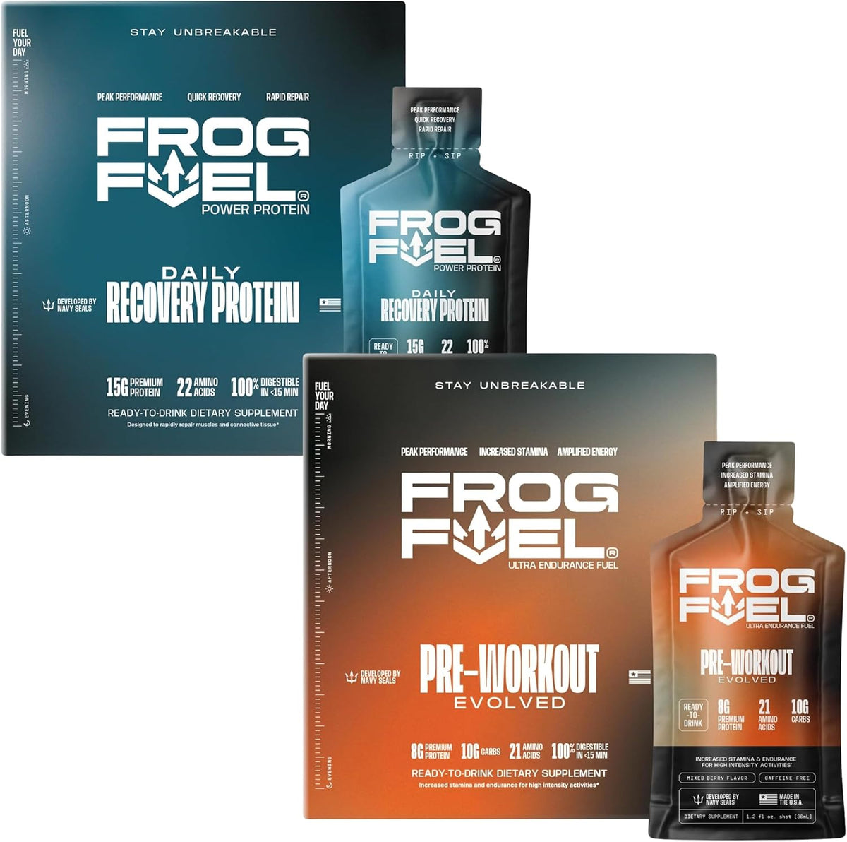 Frog Fuel Power Protein & Ultra Pre Workout Shot Bundle, Berry, 48 pk