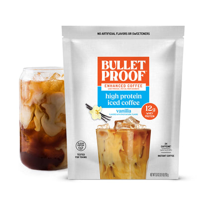 Bulletproof Iced Protein Coffee, Mocha, 12g Whey Protein + MCT Oil, 170mg Caffeine, Instant Coffee from Real Beans & Cocoa, Tested for Toxins, No Artificial Flavors & Sweeteners, 14 Servings