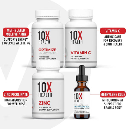 10X Health Methylated Multivitamin - 4-in-1 Kit | 10X Optimize, 10X Zinc, 10X Vitamin C & Methylene Blue Drops, Immunity & Energy Bundle