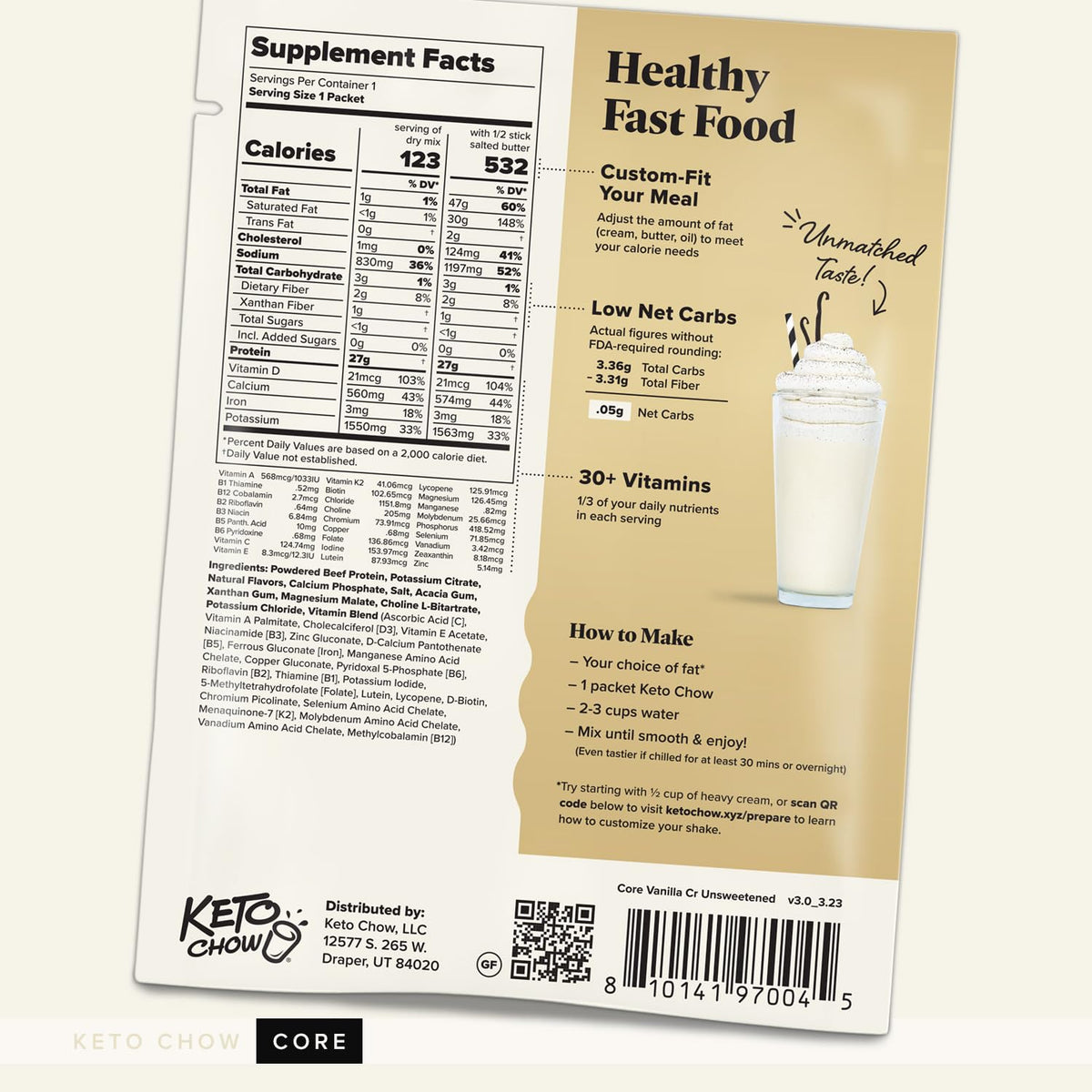 Keto Chow Chocolate CORE with Stevia Meal Replacement Shake Powder, 1 Meal