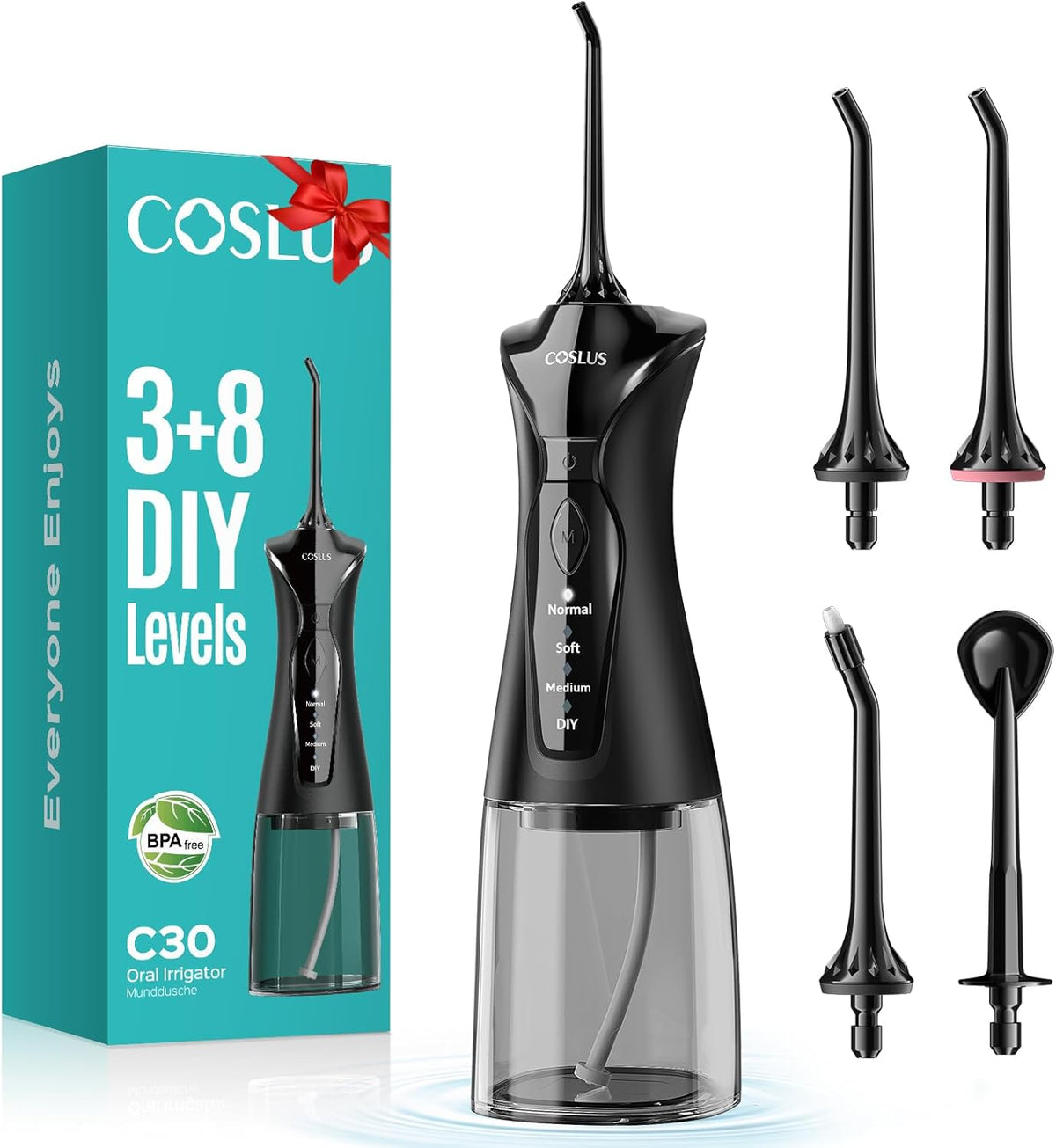 COSLUS C30 Water Dental Flosser, Upgraded DIY Mode, Black, 1Pcs