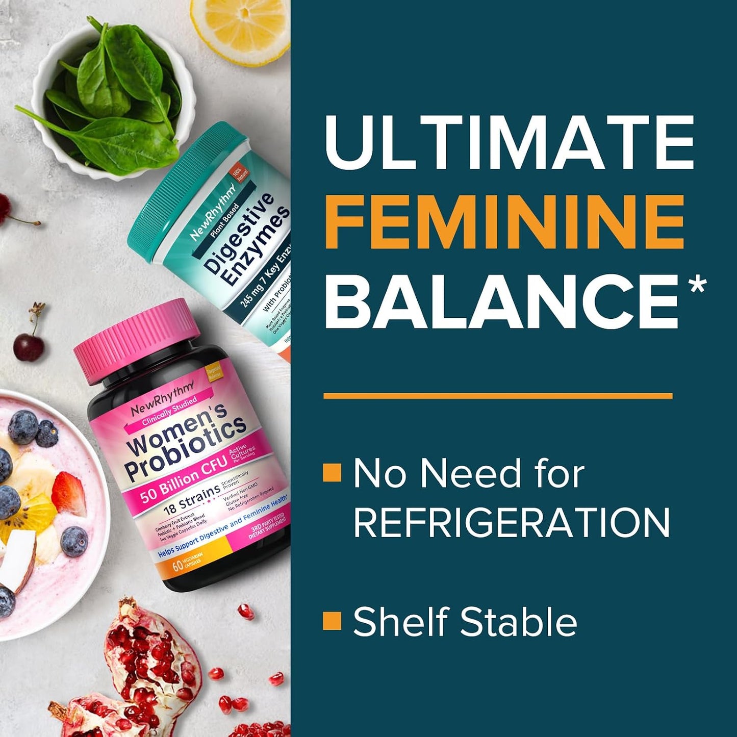 NewRhythm Women's Probiotics 50 Billion + Digestive Enzymes 245 mg Bundle, Gut Harmony Boost & Feminine Wellness, 120 Capsules Total (Pack of 2)