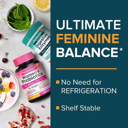 NewRhythm Women's Probiotics 50 Billion + Digestive Enzymes 245 mg Bundle, Gut Harmony Boost & Feminine Wellness, 120 Capsules Total (Pack of 2)