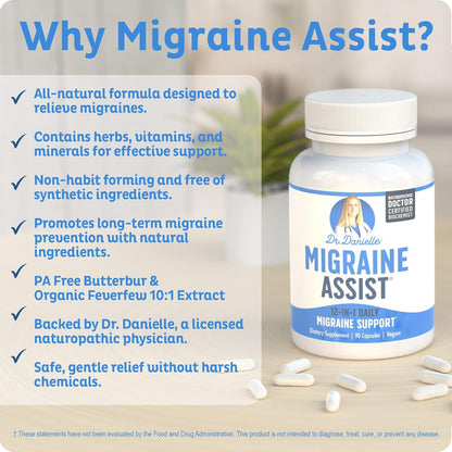 Best Migraine Relief Product with Magnesium - Migraine Assist Supplement with Quercetin, Feverfew, Butterbur, CoQ10 from Dr. Danielle, 90 Capsules