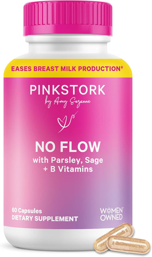 Pink Stork No Flow: Dry Up Breast Milk Supply with Sage, Parsley, and B Vitamins, Postpartum Essentials for Women to Stop Breastfeeding and Decrease Milk Production, 60 Capsules