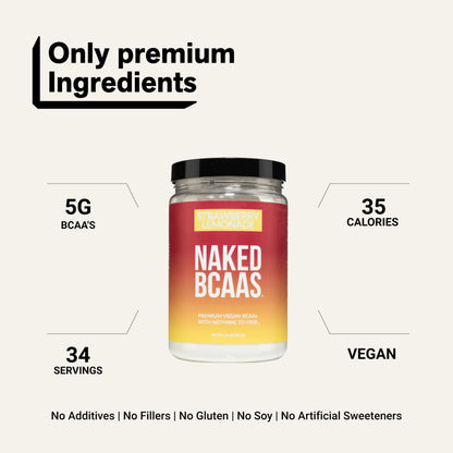 NAKED BCAAs Amino Acids Powder, Only 1 Ingredient, Pure 2:1:1 Formula, Vegan Unflavored Branched Chain Amino Acids, Instantized All Natural BCAA Supplement - 500 Grams, 100 Servings