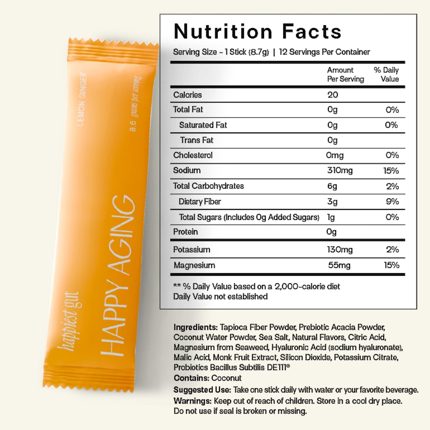 Happy Aging Electrolytes Powder Packets for Women - Sugar Free Hydration & Gut Health with Hyaluronic Acid & Bacillus Subtilis DE111 Probiotics - Dual Prebiotic System for Skin Beauty