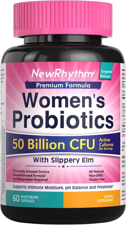 NewRhythm Women's Probiotics Slippery Elm Bark, 50 Billion CFU Per Serving, 5 Strains, All Natural, Non-GMO, Vaginal, Digestive & Immune System Support, 60 Vegan Caps
