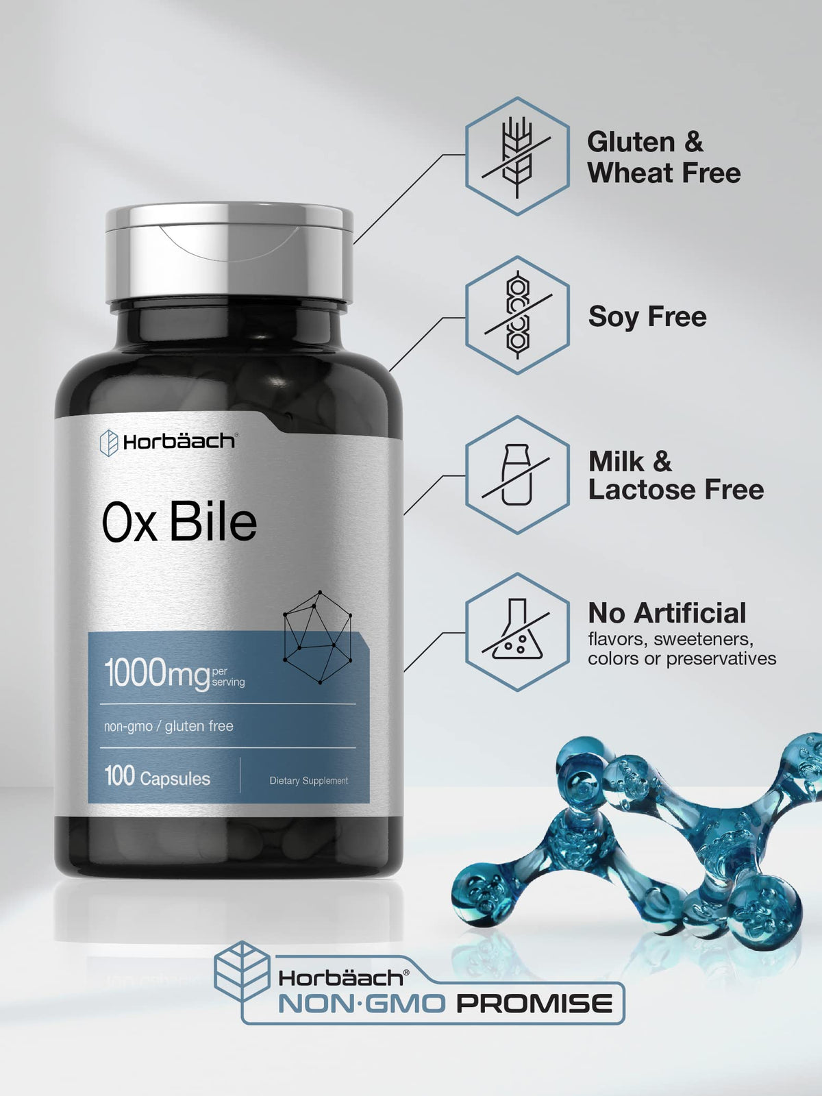 Ox Bile 1000 mg 100 Capsules | Digestive Enzymes Supplement | Non-GMO & Gluten Free
