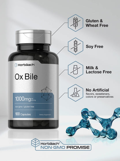 Ox Bile 1000 mg 100 Capsules | Digestive Enzymes Supplement | Non-GMO & Gluten Free