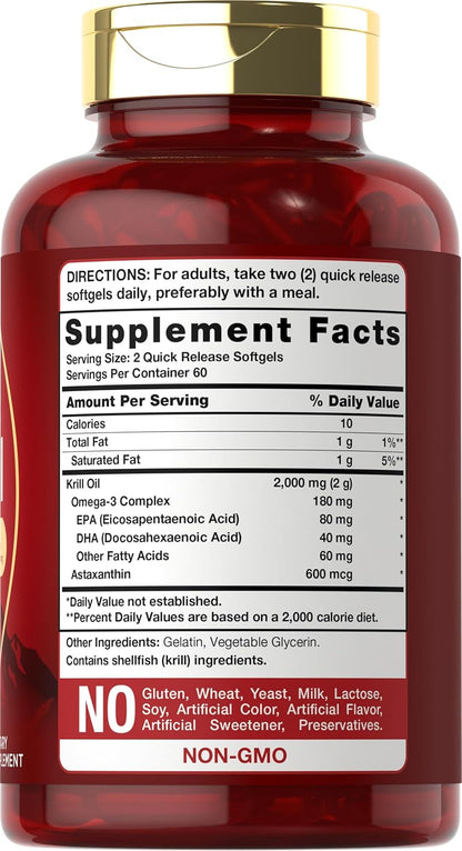 Carlyle Antarctic Krill Oil 2000mg | 120 Softgels | Maximum Strength | Omega-3 EPA, DHA, with Astaxanthin | Supplement Sourced from Red Krill | Laboratory Tested | Non-GMO and Gluten Free