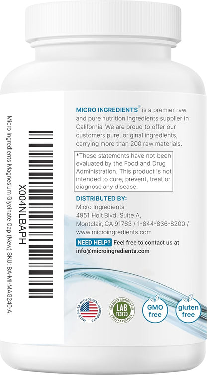 Micro Ingredients Pure Magnesium Glycinate 400mg Per Serving, 240 Capsules | Chelated Mineral Supplements with Elemental Form | Non-GMO, Filler Free