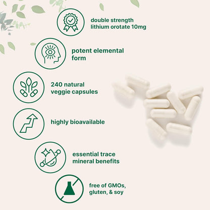 Lithium Orotate 10mg, 240 Veggie Capsules | 5mg Per Capsules | High Bioavailability Trace Mineral | Healthy Aging, Brain Supplement, & Mood Support | Non-GMO, Gluten Free