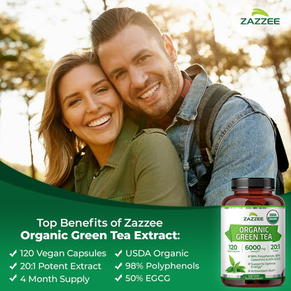 Zazzee USDA Organic Green Tea 20:1 Extract, 50% EGCG, 98% Polyphenols, 80% Catechins, 120 Vegan Capsules, 4 Month Supply, Antioxidant, Metabolism & Energy Support, Non-GMO, All-Natural, Made in USA