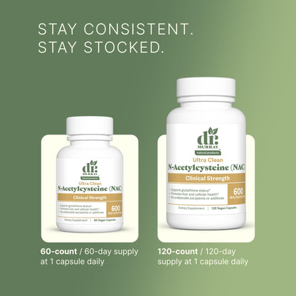 Dr. Murray's Ultra Clean N-Acetylcysteine NAC Supplement 600 mg - Respiratory & Liver Support | Vegan | Non-GMO | Gluten Free | Third-Party Tested | 120 Capsules