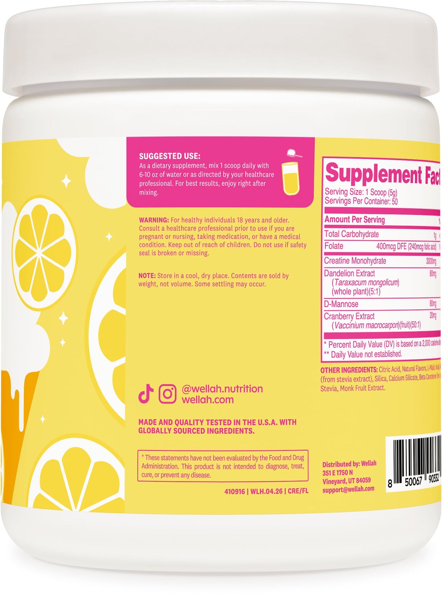 Wellah Creatine for Women - Creatine Monohydrate with Dandelion & Cranberry Extract (50 Servings, Strawberry Lemonade) | Creatine Monohydrate with Dandelion & Cranberry Extract
