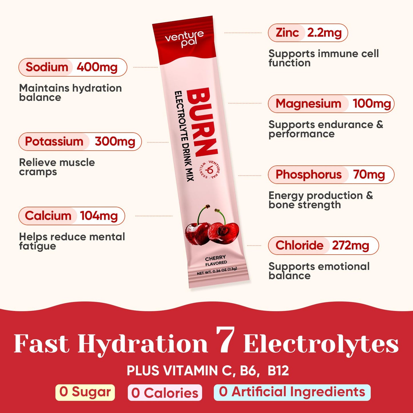 Venture Pal Electrolyte Packets + Burn Support, Sugar Free, 16 Sticks | 7 Electrolytes + L-Carnitine, Berberine, ACV, Chromium, Green Tea, Metabolic Support, Keto Friendly, Vegan, Liquid Daily IV