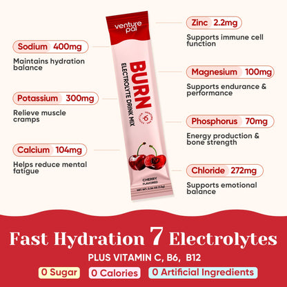 Venture Pal Electrolyte Packets + Burn Support, Sugar Free, 16 Sticks | 7 Electrolytes + L-Carnitine, Berberine, ACV, Chromium, Green Tea, Metabolic Support, Keto Friendly, Vegan, Liquid Daily IV