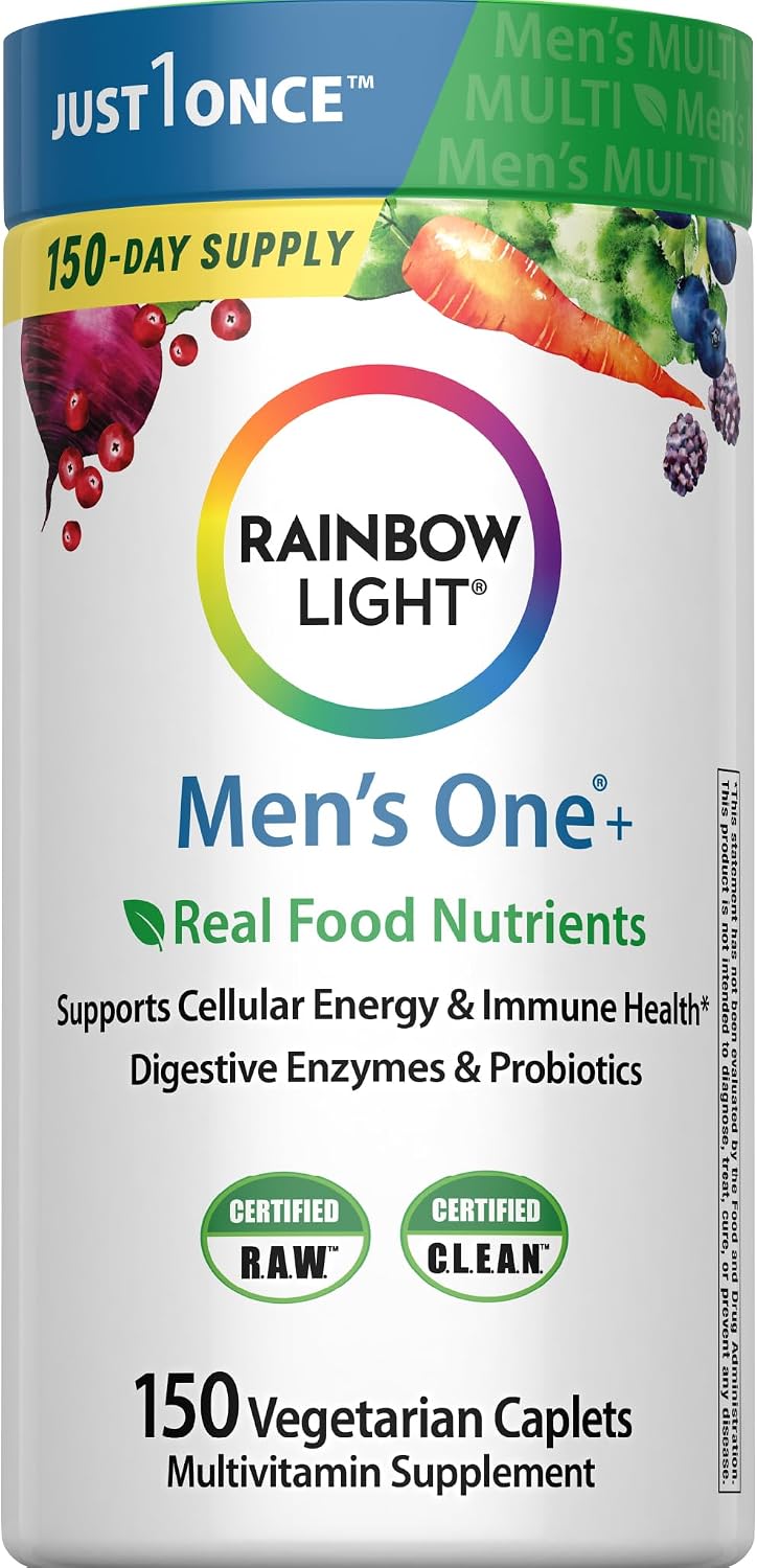 Rainbow Light Mens Multivitamin One + | 150 Caplets | Supports Cellular Energy & Immune Health | with Vitamins C, D, and Zinc | Real Food Nutrients, Digestive Enzymes & Probiotics